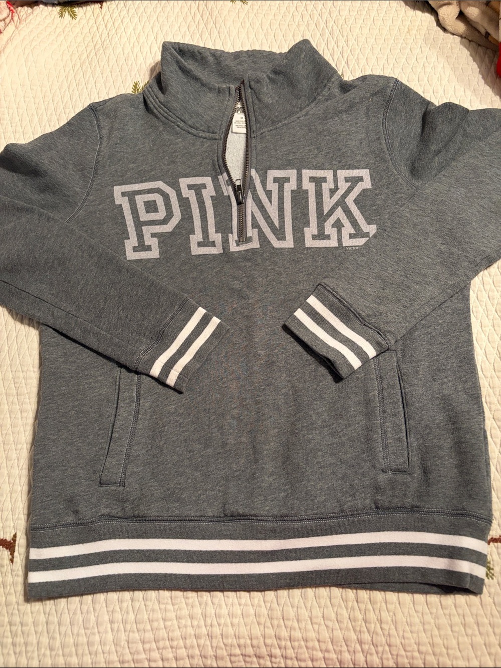 Victoria's Secret PINK Heather Gray Half Zip Hoodie with White Trim